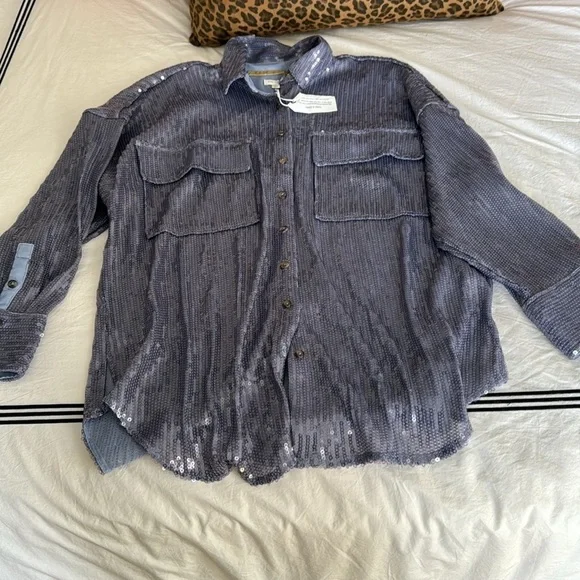 Pilcro- NWT Anthropologie Sequin Blue Button Down Long-sleeve Shirt - Picture 7 of 8